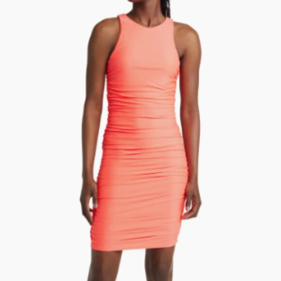 Good American Body-Con Minidress Satin Stretch Fiery Neon Coral SZ 2X NWT - Picture 8 of 13